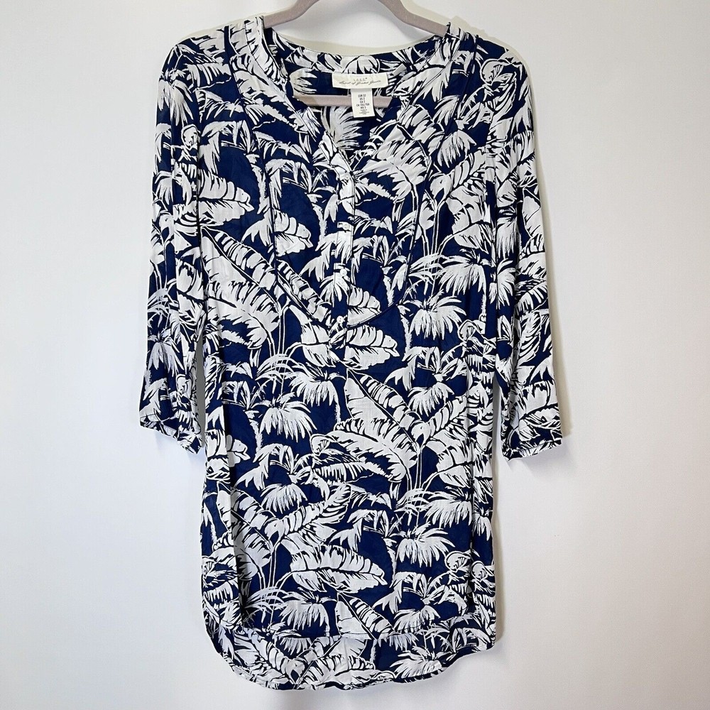 L.O.G.G. H&M Women Tunic Dress Blue White 2 Beach Cover Up Palm Leaves Tropical - Picture 3 of 16